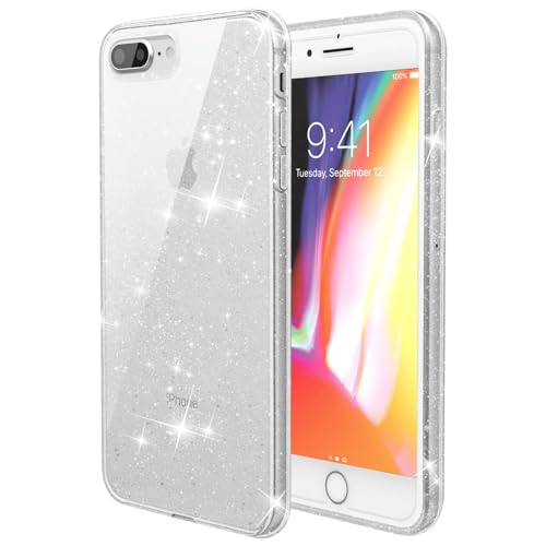 FanTEK Compatible with iPhone 7 Plus, iPhone 8 Plus Case, Luxury Bling Glitter Sparkly Protective Bumper Hard Shell Shockproof Crystal Cover for Women Girl, Glitter Clear