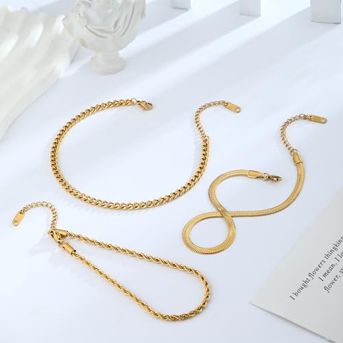 Image of Gold Anklets for Women Waterproof 14k Gold Plated Cuban Link Anklets Non Tarnish Rope Herringbone Ankle Chain Summer Beach Jewelry Gifts for Women