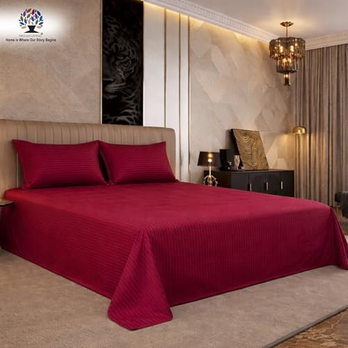 Image of Dream Living Striped Double Bedsheet with 2 Pillow Covers | Queen Size | 120 GSM | 220x250 cm | Maroon