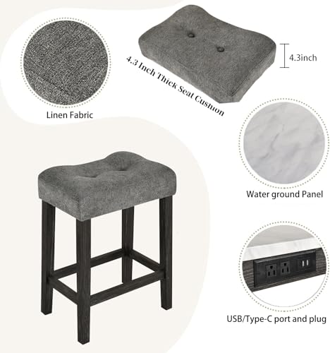 Image of 4-Piece Industrial Bar Table Set with Power Outlet, 3 Upholstered Stools for Kitchen, Game Room & Dining, Counter Height Pub Set (Grey 1+3 （2）)