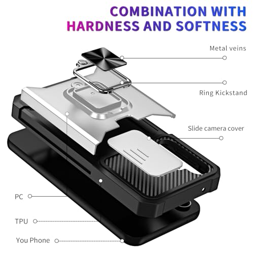 Image of LuxuryKase Shockproof Armor Case for Samsung Galaxy S26 | Slide Camera Cover | Hidden Card Slot | Rotating Ring Kickstand | Magnetic Car Mount Support | Military Grade Protection - White