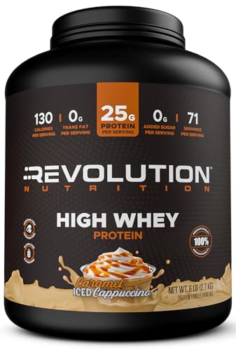 Revolution Nutrition, High Whey, Protein Powder 6LB, Whey Isolate, Gluten Free, Lean Muscle Mass for Men & Women, 25g of Protein Per Scoop, 2.7kg, 73 Servings (Caramel Iced Cappuccino, 6 Pound)