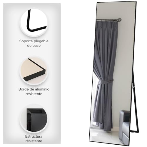Marctani Espejo de Pie Cuerpo Entero - Espejo Grande y Largo Esquinas Cuadradas - con Soporte Trasero - Montaje Pared y Apoyado - Marco de Aluminio para Dormitorio, Baño o Salon (Negro 165x60) - imagen 3