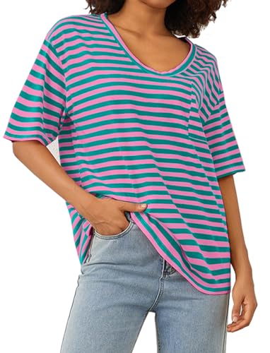 T-shirt surdimensionné rayé calbatic femme col V profond pour un style décontracté