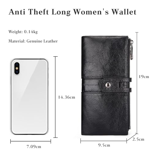 PORRASSO Ladies Wallet RFID Blocking Purse Leather Coin Purse Long Wallet Women Change Pouch Card Organizer with 13 Card Slots Black3