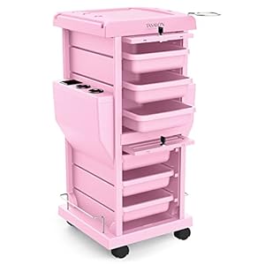 TASALON Ultimate Rolling Cart for Salon Stations – Space Saving, Lockable 6 Tray Salon Trolley with 2 Tray Holders – Hair Beauty Cart Upgrade – Pink