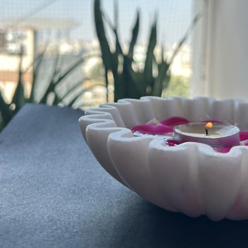 Image of Marble Urli Bowl for Decoration | Big Potpourri Decorative Bowls in Home decor | Large White Floating Flower Plates of Stone | Small Shape puja Item | (6 inch, Ruffle)