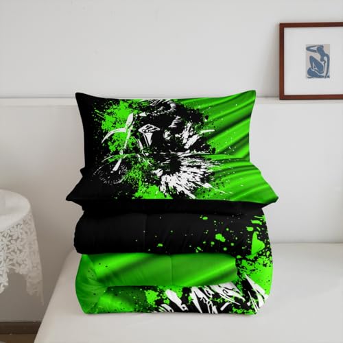 Image of Feelyou Kids Dirt Bike Comforter Set Full Size, Green Black Ombre Bedding Set Extreme Sports Duvet Insert Boys Girls Teens Bedroom Decor 3Pcs