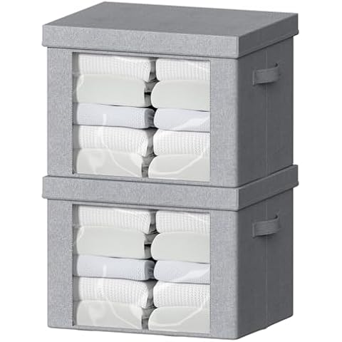 Clothes Storage Bins with Foldable Metal Frame - 36L Large Capacity Stackable Linen Fabric Organizer Set,Carrying Handles,Clear Window,for Bedding,Blankets,sweater Cover