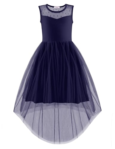 Image of Arshiner Girls Dresses Formal Party Wedding Tulle Sleeveless Contrast Mesh High Low Dress with Belt