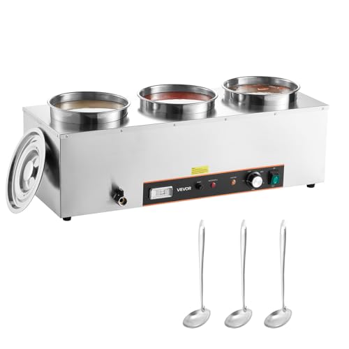 Image of VEVOR Electric Soup Warmer, Three 6.34QT Stainless Steel Round Pot with 86~185F Adjustable Temp, 1500W Commercial Bain Marie with Anti-Dry Burn and Reset Button, Soup Station for Restaurant, Buffet