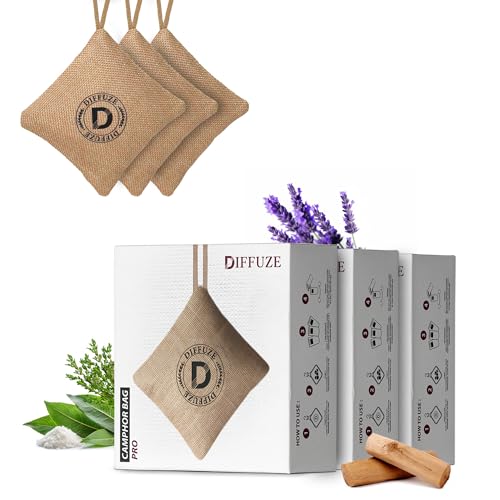 Image of DIFFUZE Camphor Bag Air Freshener | Natural Jute Pouch with Camphor, Herbs, Lavender, Sandalwood & Charcoal | Long Lasting Fragrance for Car, Wardrobe, Kitchen & Travel Bags (Beige, Pack of 3)