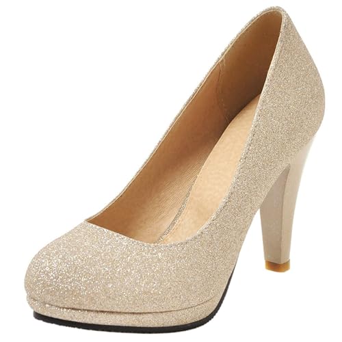 Asterisco Women Cone Heel Pumps with Platform Glitter High Heel Shoes Round Toe Slip On Elegant Glitter Shoes, Size 1-12