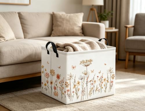 Image of Rectangular Baby Kids Storage Basket for Home Kitchen Girls Cute Toy Storage Bin Organizer Shelf Book Room Decor(Line Flower)