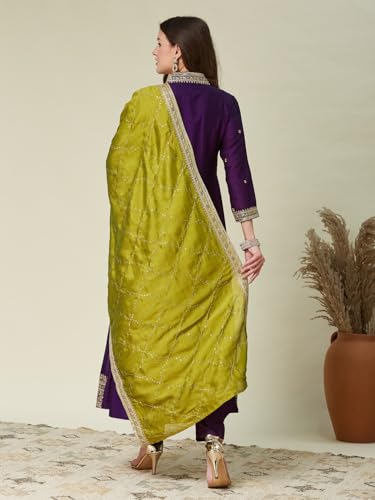 Image of MOKOSH Women's Silk Embroidery Anarkali Kurta Pant with Dupatta | Anarkali Kurta Set |Embroidered |V Neck Full Sleeve Ethnic Suit |3 Piece Outfit