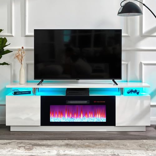 AMERLIFE Fireplace TV Stand with 36" Fireplace, 70" Modern High Gloss Fireplace Entertainment Center LED Lights, 2 Tier TV Console Cabinet for TVs Up to 80", Ivory White