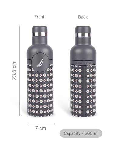 Image of NAUTICA Premium Leak-Proof Insulated Water Bottle - 1pc (Yacht)| 500ml | Stainless Steel Flask with 24 Hours Temperature Retention | Ideal for Travel, Gym, Office Use Oreo Printed-Grey /Beige