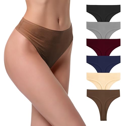 High Waist Cotton Thongs Women Cotton Rib Comfortable Soft Thongs Panties Pack 6