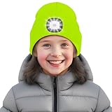 SPGOOD Wiederaufladbare mütze mit LED licht für Kinder, für Jungen und Mädchen, abnehmbare und waschbare warme beleuchtete mütze mit Lampe für den Winter im Freien(Fluoreszierendes Gelb)