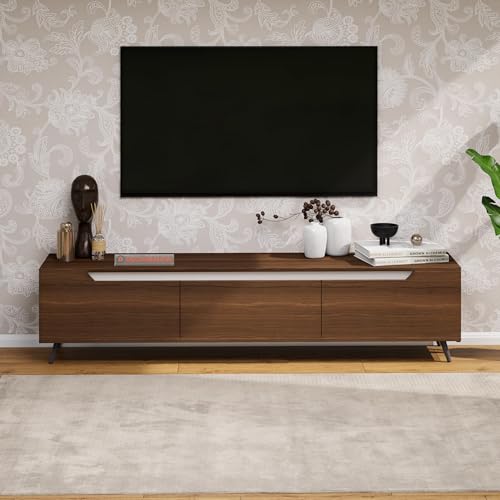 Image of DecorNation Nova Wooden TV Unit Stand (Large) - Modern Entertainment Table with 3 Closed Compartments for Living Room, Bedroom & Office (71 x 13.3 x 16.6 Inches, Walnut Finish)
