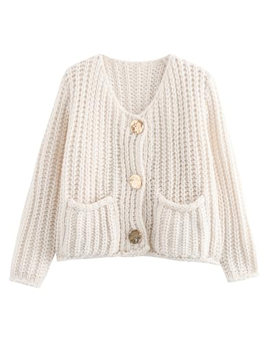 Image of Women's Chunky Knit Cardigan Sweaters Long Sleeve Open Front Button Kitted Fall Jackets Coats(Cream, S)