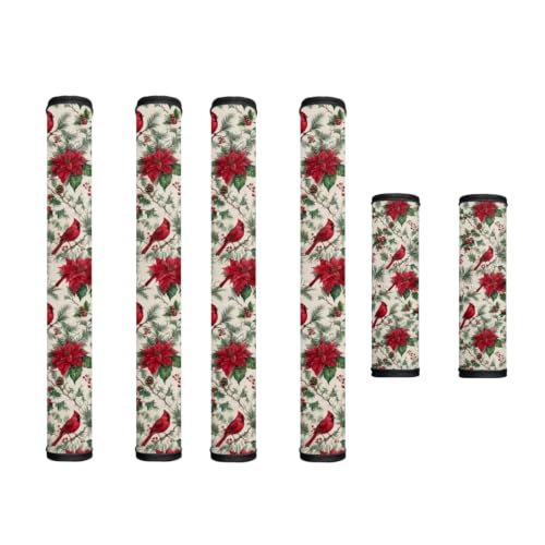 Image of Fridge Door Handle Covers Set of 6 Kitchen Appliance Decor Handles Glove Anti-Slip Protectors for Christmas Winter Holiday Decor, Poinsettia Flower Cardinal Bird Retro Pattern