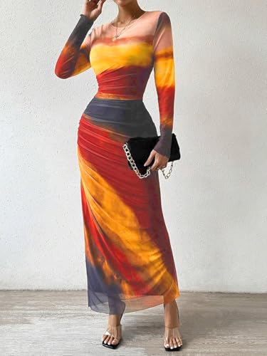 MOEENCN Women Sheer Mesh Maxi Dress Long Sleeve Bodycon Birthday Outfits Ruched Tie Dye Cocktail Club Party Dresses4