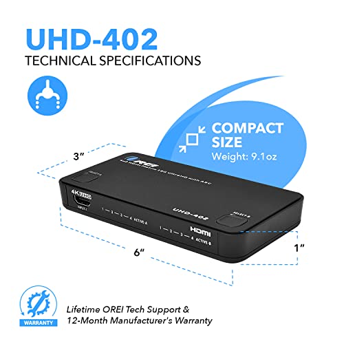 image for OREI 4K HDMI Matrix Switch 4 X 2, Switcher 18G UltraHD with Arc Suppor