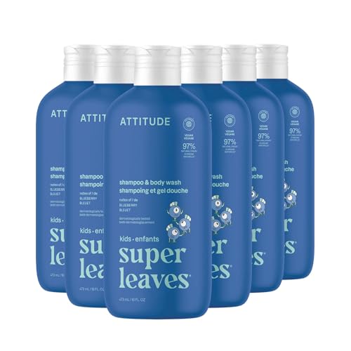 ATTITUDE Shampoo and Body Wash for Kids, EWG Verified Hair and Body Cleanser, Dermatologically Tested Soap, Plant and Mineral Based Bath Products, Vegan, Blueberry, 16 Fl Oz (Pack of 6)