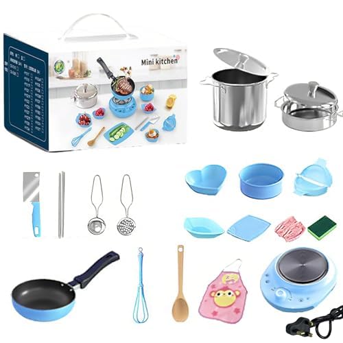 Kids' cooking mini kitchen toy set, 22-piece kitchen accessory set, realistic mini cooking pots and pans set for kids, an educational toy gift suitable for beginners. (Blue)
