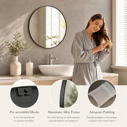 Simple Deluxe 36 Inch Round Bathroom Mirror, Black Vanity Mirror with Metal Frame, Modern Circle for Bathroom, Entryway, Bedroom, Living Room, Wall Mounted Decorative Mirrors (Black) by Simple Deluxe - Used condition - Image 8