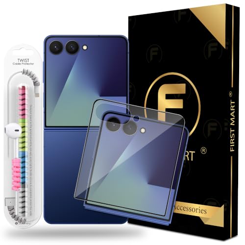 Image of FIRST MART Tempered Glass for Samsung Galaxy Z Flip 7, 9H 0.3 mm Full-Glue Screen Protector with Cable Protector, 3D Edge-to-Edge, HD Clear, Case-Friendly, Black, Pack of 1