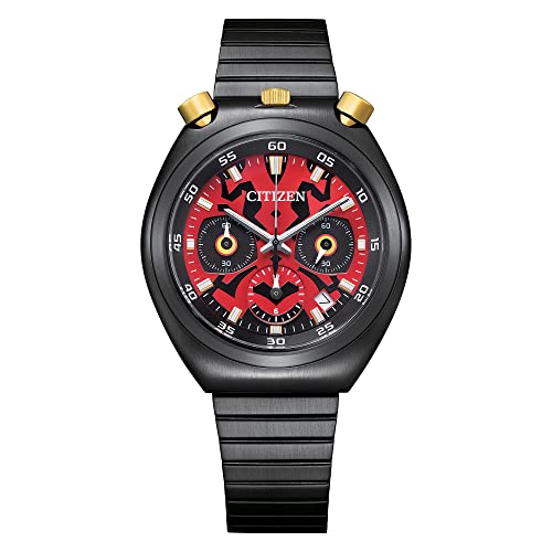 Citizen Men's Vintage Design Star Wars Darth Maul Black IP Stainless Quartz Watch, Red Dial, 1-Second Chronograph, Date,38mm (Model: AN3668-55W)