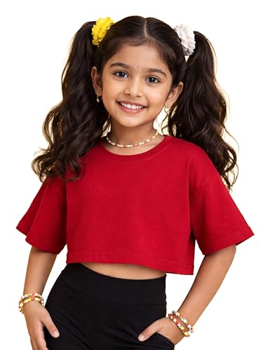 Image of KiddoPanti Girls 100% Cotton Solid Drop Shoulder Half Sleeve Round Neck Crop Tee