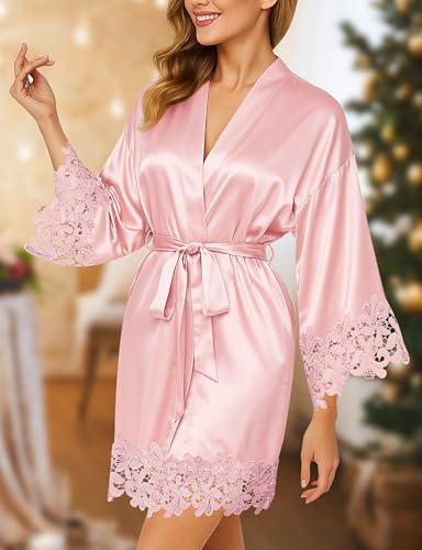 Image of EPLAZA 4 Pcs Bride Robe for Wedding Day Set Bridal Robe with Slippers Lace Trim Wedding Robe for Bridal Bachelorette Party