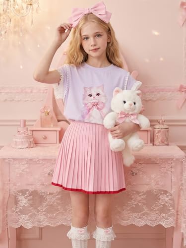 Image of Girls Ruffle Sleeves Shirt Cat Graphic Tee Cute Summer Short Sleeve Top for Teens 6-16Y