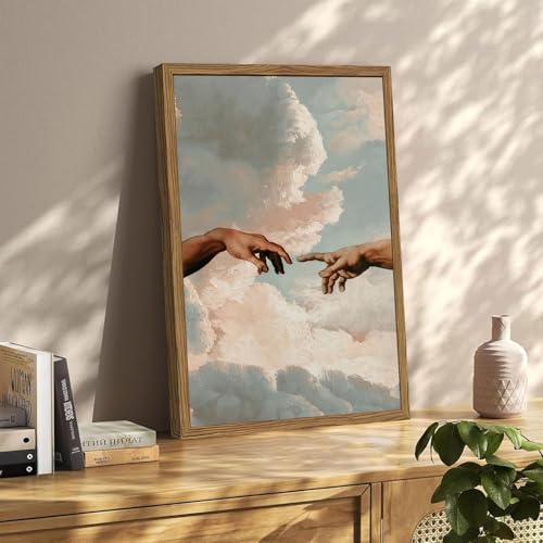 Image of Vintage Wall Art Christian God Hand Wall Decor Painting The Creation of Adam Poster Canvas Prints Religious Creation Artwork for Prayer Room Living Bedroom 12x16 inch Wood Framed