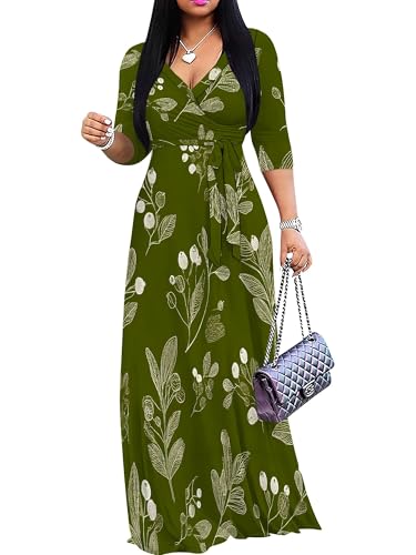 Image of Women's V Neck Floral Maxi Dress 3 /4 Sleeve Plus Size Boho Wrap Flowy Long Dresses with Belt