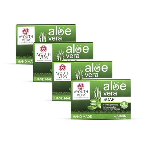 Image of Ayouthveda Aloe vera Soap with Aloe Extracts & Menthol for Gentle Cleansing, Hydration & Skin Comfort | Helps Soothe Irritation, Improve Texture & Maintain Moisture Balance | Refreshing, Non-Drying & Daily Use Bathing Bar | Suitable for Face & Body | 100g (Pack of 4)
