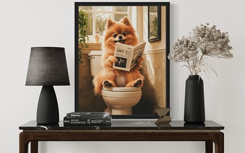 Image of Pomeranian on Toilet Black Framed Wall Art Print Poster, Dog Bathroom Humor Decor Posters Prints for Restroom Home Picture Painting Artwork Gallery 7 (Pomeranian, 14 inchL x 11 inchW, Black Frame)