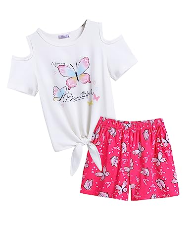 Image of Arshiner Girls Short Sets 2 Piece Outfits Tie Tops and Shorts with Pockets | Summer Short Sleeve Roundneck Floral Short Perfect for summer vacation, daily wear, casual