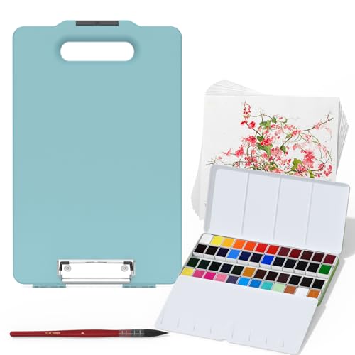 MEI LIANG Travel Watercolor Paint Set, Watercolor Set Includes 48 Colors Solid Watercolors + 7.5x7.5 inch 50% Cotton Watercolor Paper(20 Sheets) + 1 Watercolor Brush + Green Handheld Organizer