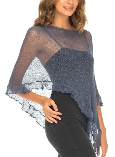Image of SHU-SHI Women's Sheer Knit Poncho Shrug Lightweight Asymmetrical Ruffle Wrap Dressy Summer Shawl Cover Up Top