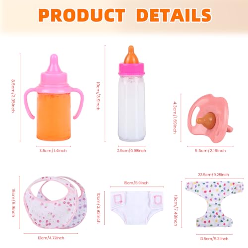 CARANOVO Baby Doll Accessories Set – 7 Pcs Feeding and Caring Set with Magic Disappearing Bottles, Pacifier, Diapers and Bibs Doll Pretend Play Gift for Kids