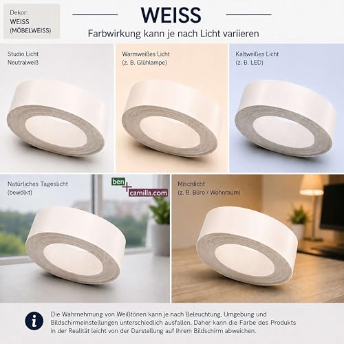 ben+camilla.com Kantenumleimer zum Aufbügeln | Weiß 20 mm x 5 m Rolle (matt glatt) | Premium Qualität für professionelle Ergebnisse | Kantenschutz