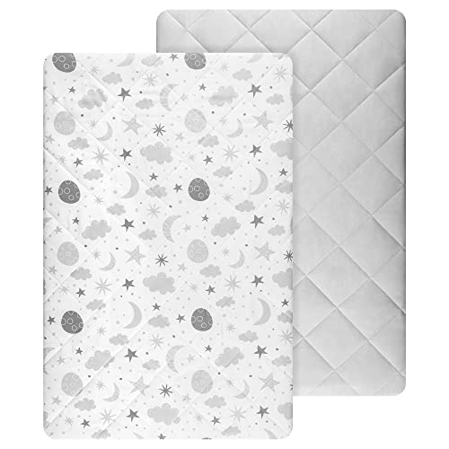 Image of TILLYOU Pack and Play Sheets Pad 2 Pack - Waterproof Play Yard Playpen Pad, Soft Quilted Sheets with 1''-3'' Deep Pocket, Breathable and Fluffy, 39"x27", Print & Light Grey