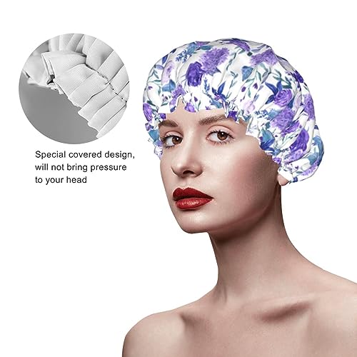 Image of Violet Purple Rose Shower Cap For Women Adjustable Double Waterproof Layers Bathing Shower Hat Hair Protection Reusable Ladies Spa Salon Shower Hat