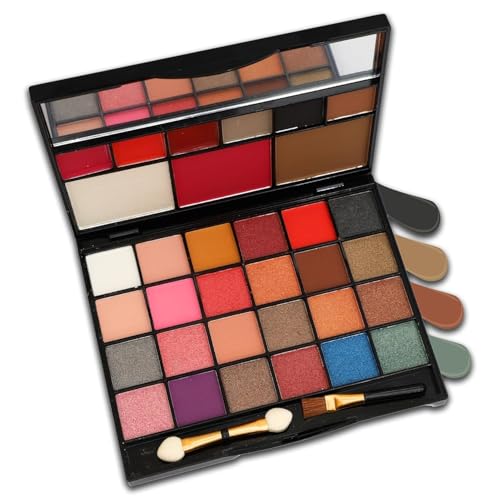 24 Eyeshadow Palette with Brush, 3 Eyebrow Powder, 3 Lip Gloss, Blush Contour, Highlighter, Mirror, All-in-One Makeup Kit for Girls (Set A)