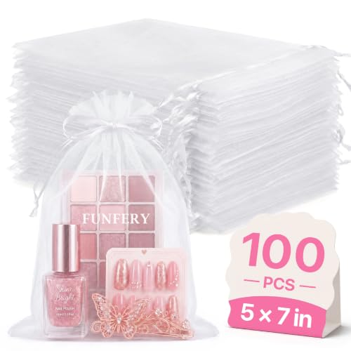 Image of FUNFERY 100PCS White Organza Gift Bags 5x7in,Drawstring Pouch for Jewelry
