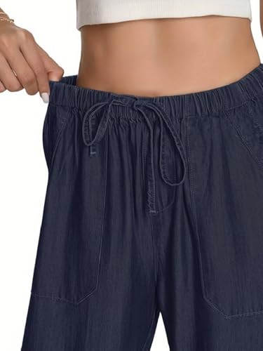Image of TOPLOT Woman's Wide Leg Drawstring Trousers with Elastic Waist | Relaxed Fit Casual Pants with Pockets | Comfortable Everyday Wear for Travel and Office Wear (5251)